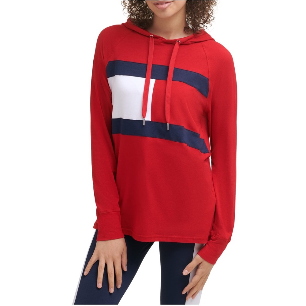 Tommy Hilfiger Sport Red Colorblock Lightweight Hoodie Large Pullover Casual